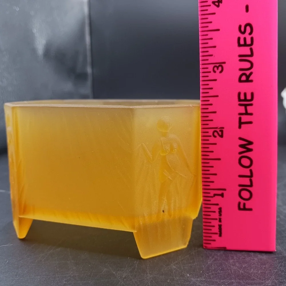 Deco Pressed Frosted Amber Glass Celluloid Lid Dresser Trinket Box